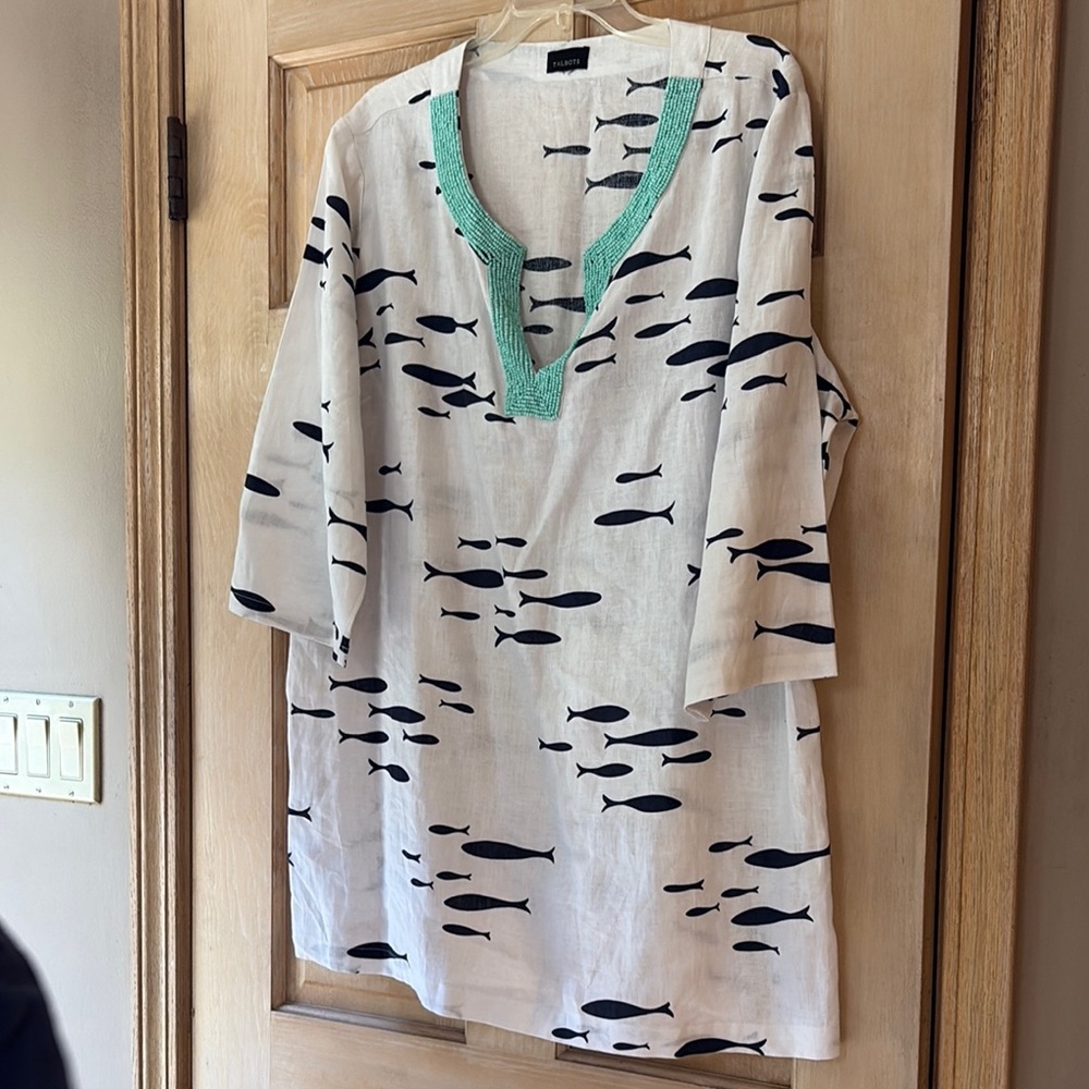 Talbots White Linen Tunic With Fish Pattern And A… - image 1